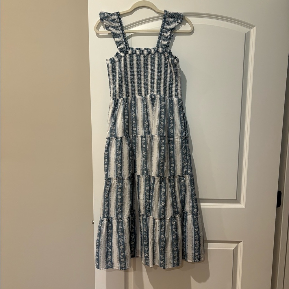 J. Crew Factory Blue and White Sleeveless Tiered Sundress